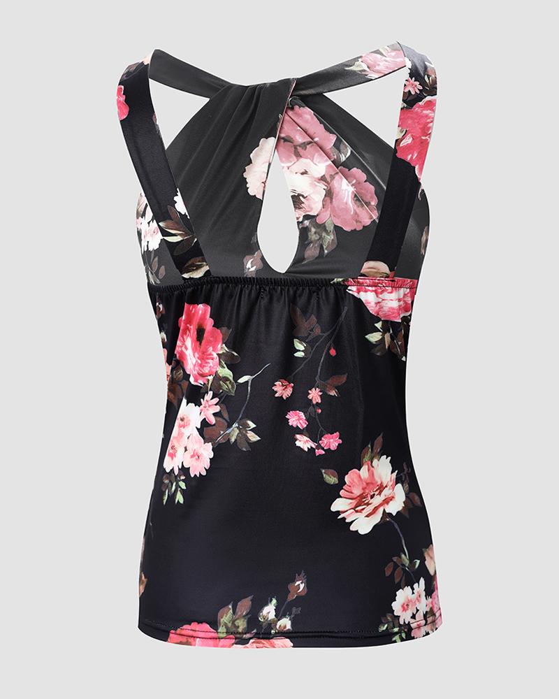Floral Print Keyhole Neck Tank Top