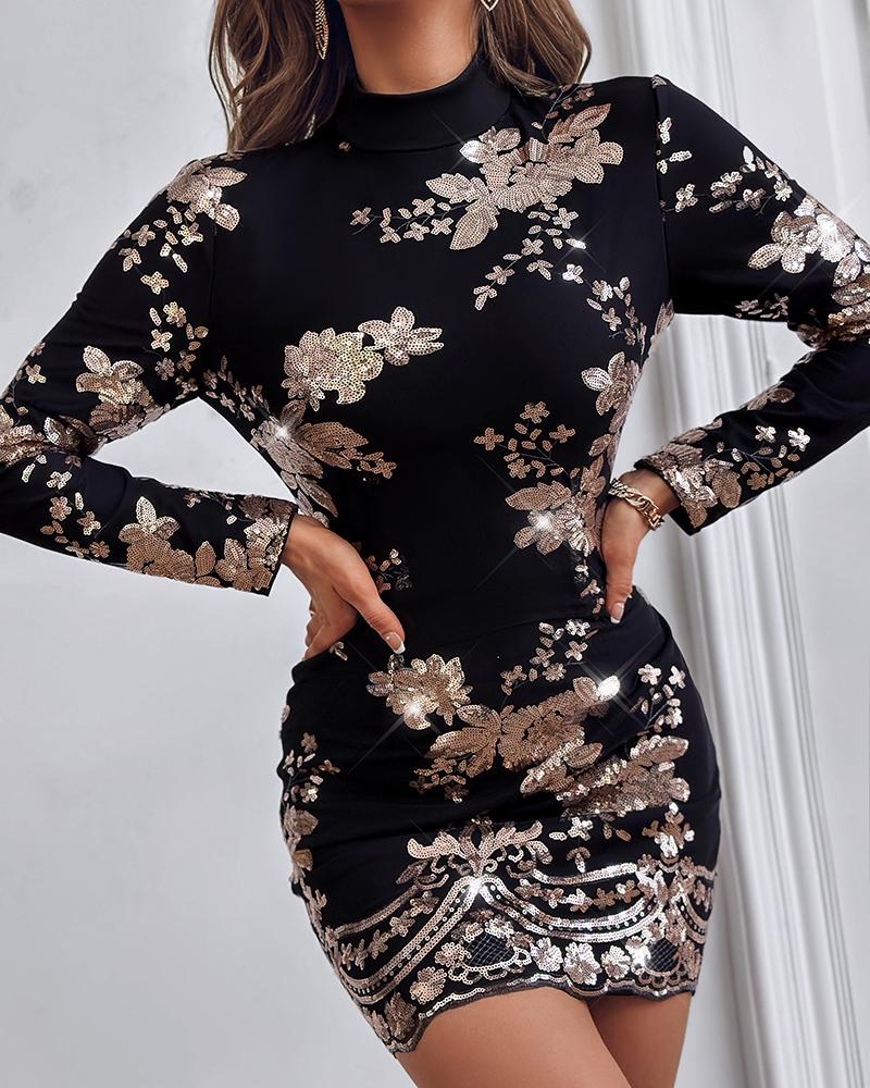 Floral Sequin Sheer Mesh Party Dress