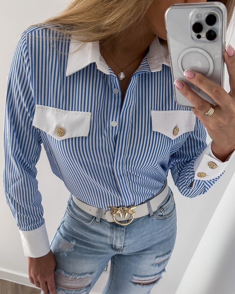 Striped Buttoned Flap Detail Top