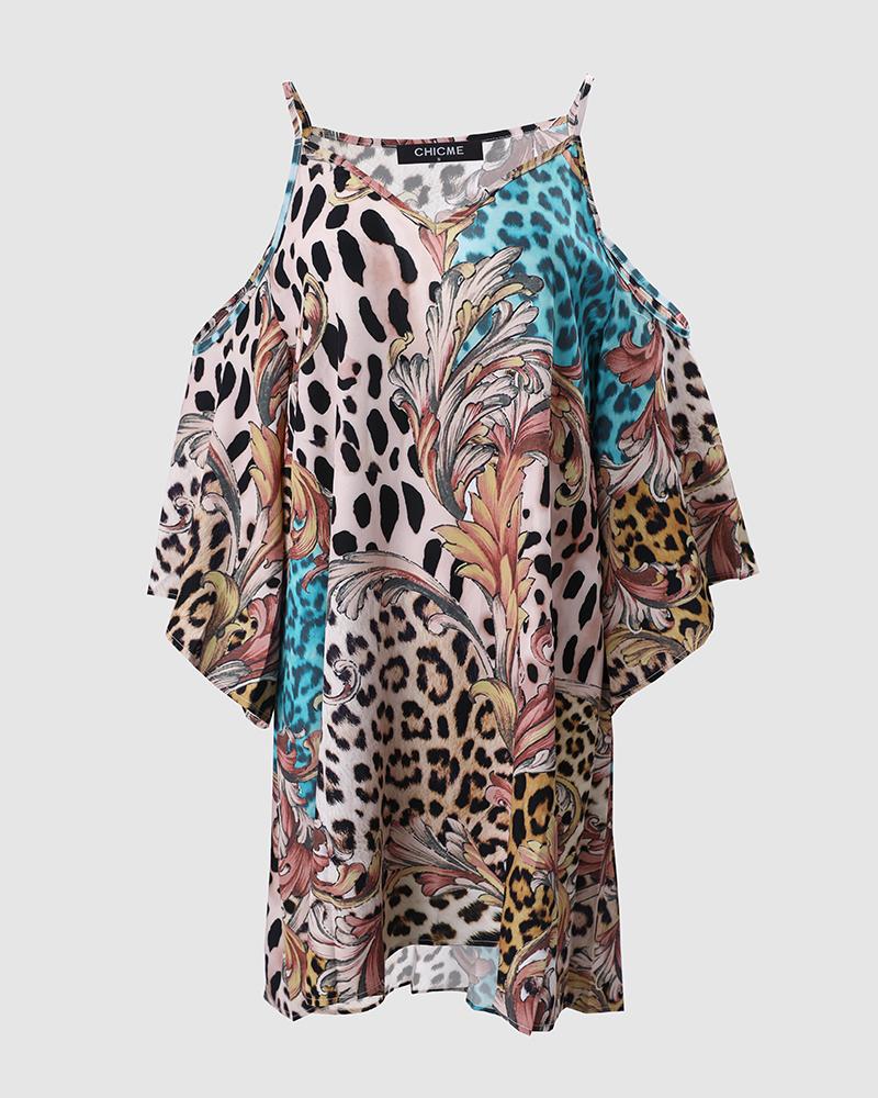 Leopard Baroque Print Cold Shoulder Casual Dress
