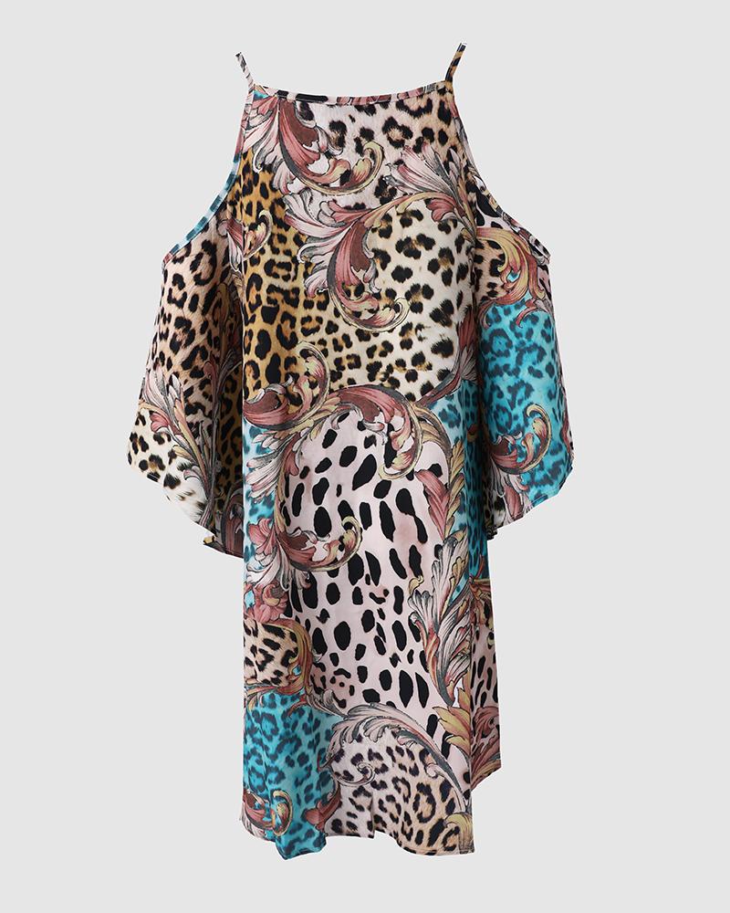 Leopard Baroque Print Cold Shoulder Casual Dress