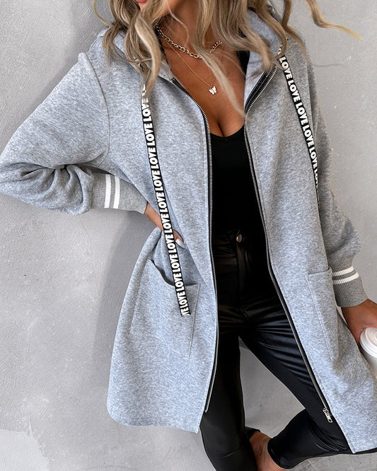 Striped Pocket Zipper Design Longline Hoodie