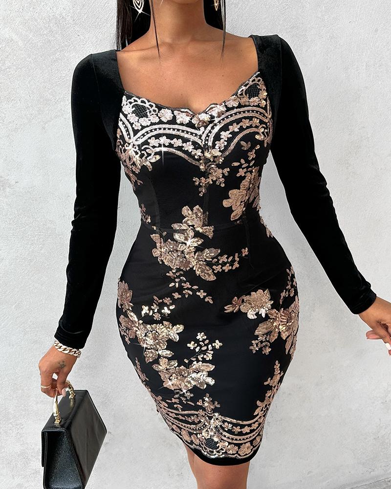 Floral Sequin Velvet Party Dress