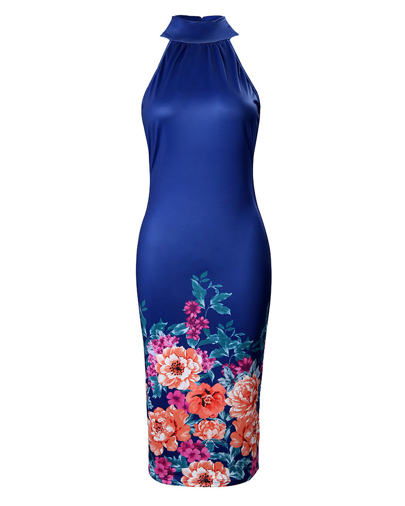 Floral Print High Neck Sleeveless Bodycon Dress