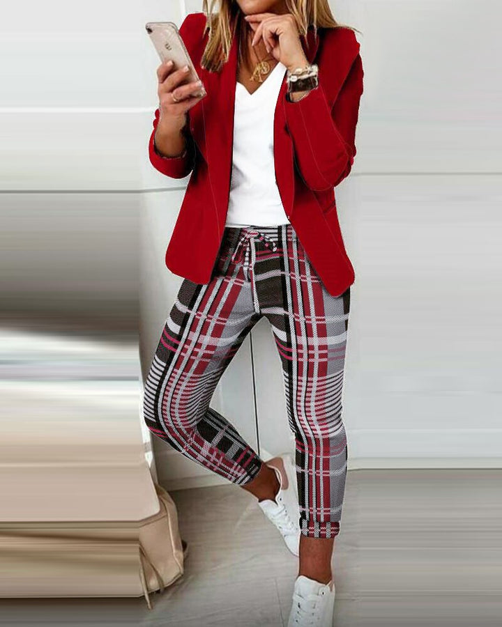 Shawl Collar Single Button Blazer & Plaid Pants Set