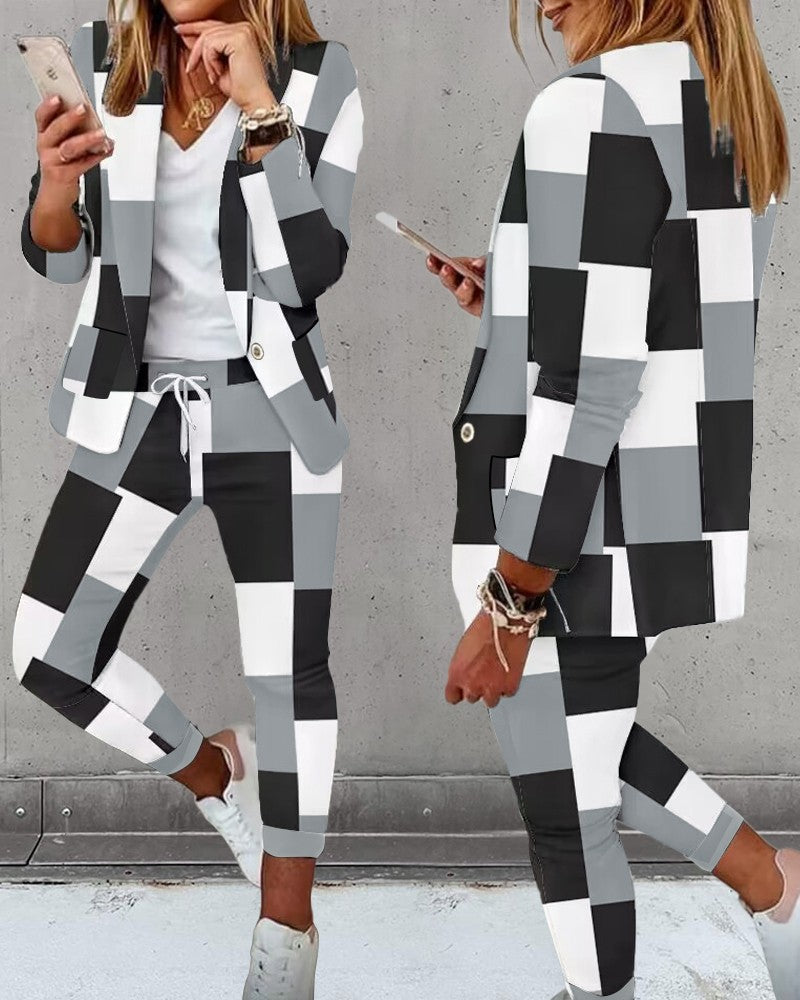 Geometric Print Colorblock Blazer Coat & Drawstring Pants Set