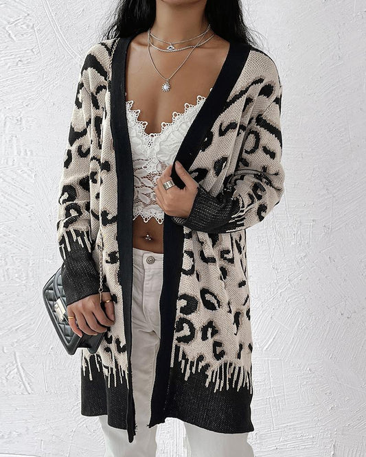 Leopard Pattern Open Front Longline Knit Cardigan