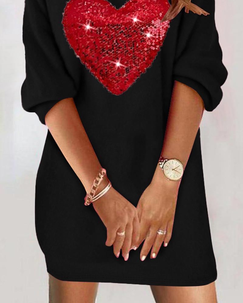 Colorblock Heart Pattern Contrast Sequin Casual Dress