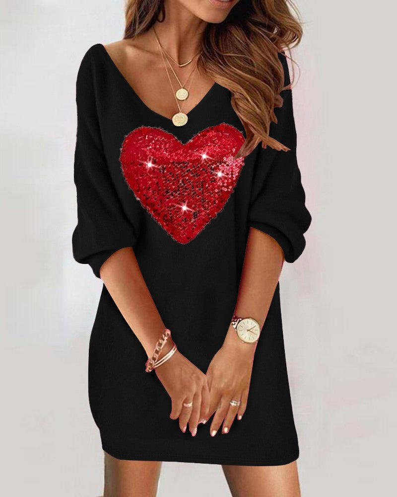 Colorblock Heart Pattern Contrast Sequin Casual Dress