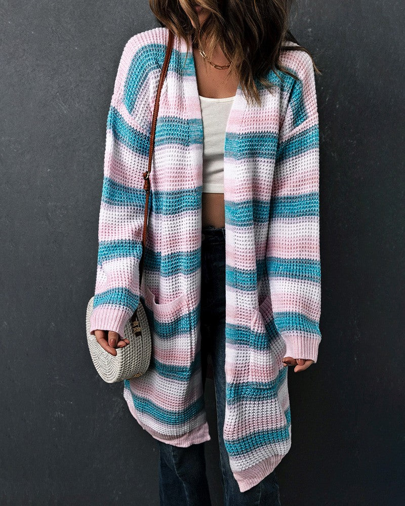 Striped Pocket Design Longline Knit Cardigan