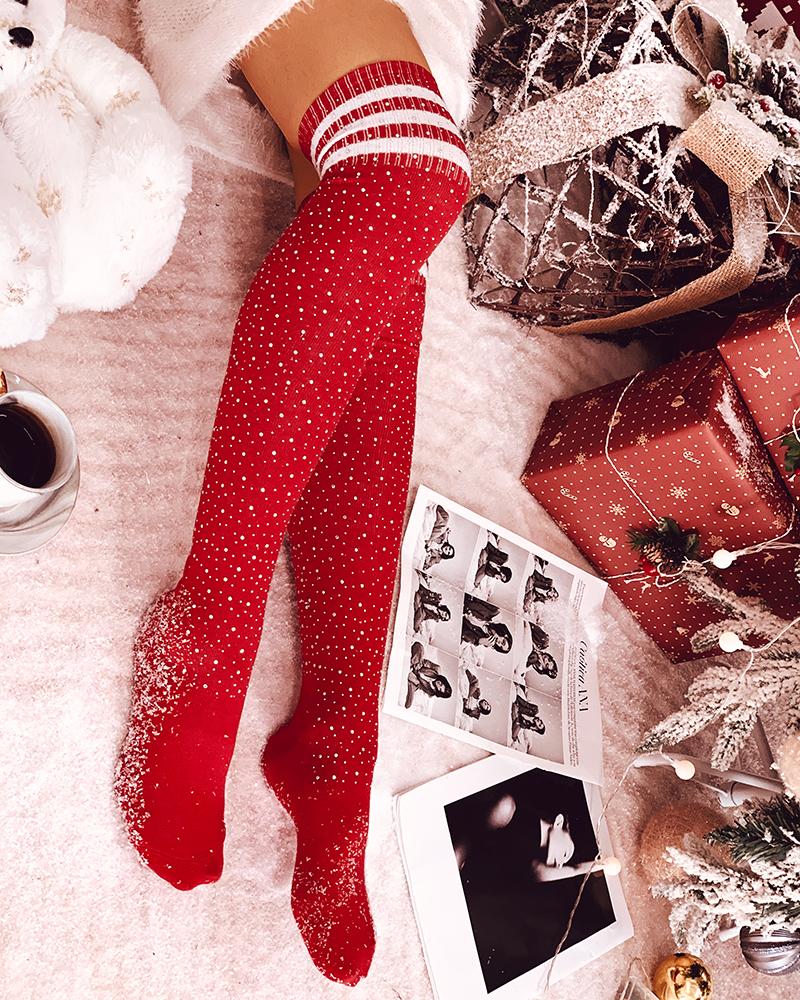 1Pair Christmas Striped Print Rhinestone Decor Long Socks