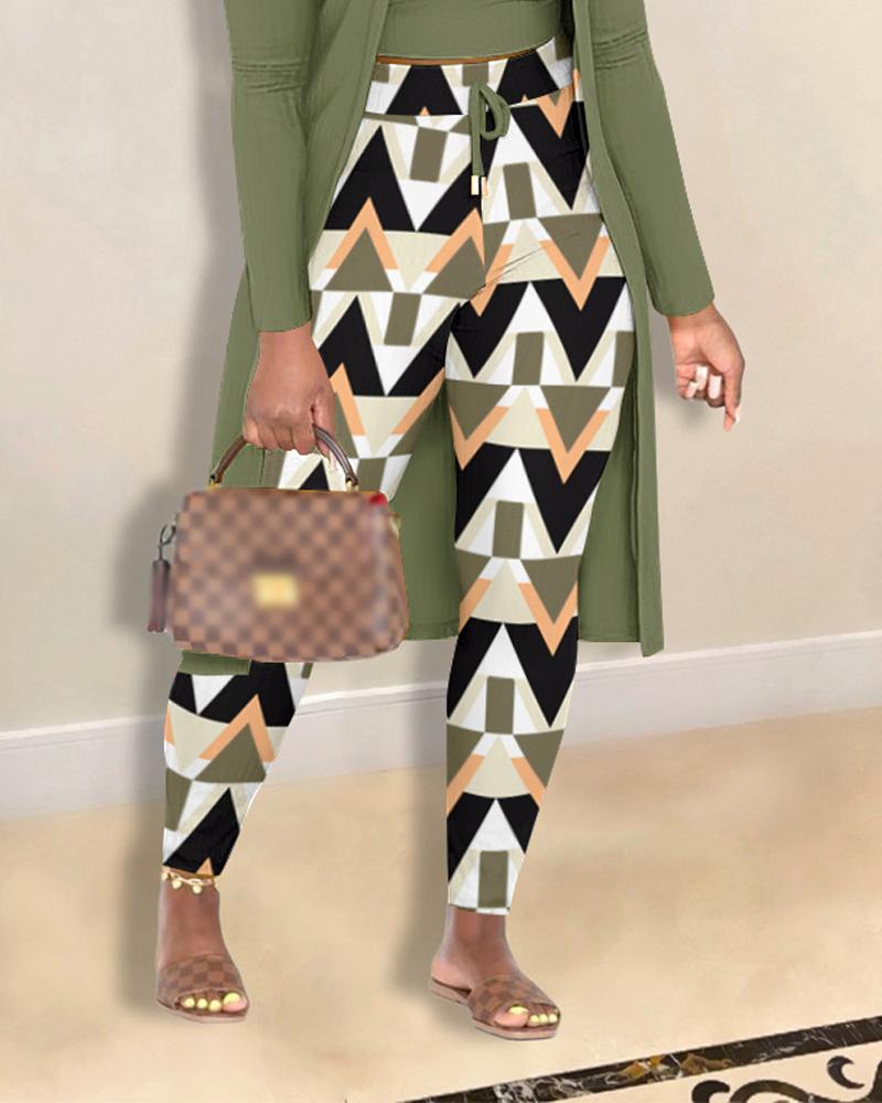 Cami Top & Geometric Print Pants Set With Longline Coat