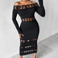 Off Shoulder Lace Patch Long Sleeve Midi Dress
