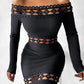 Off Shoulder Lace Patch Long Sleeve Midi Dress