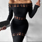 Off Shoulder Lace Patch Long Sleeve Midi Dress