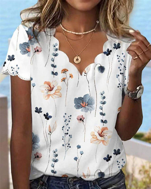Floral Print Scallop Trim T shirt