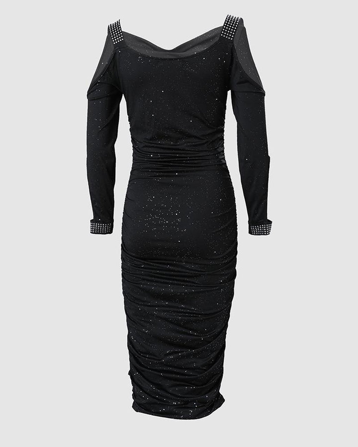 Rhinestone Decor Cold Shoulder Glitter Bodycon Dress