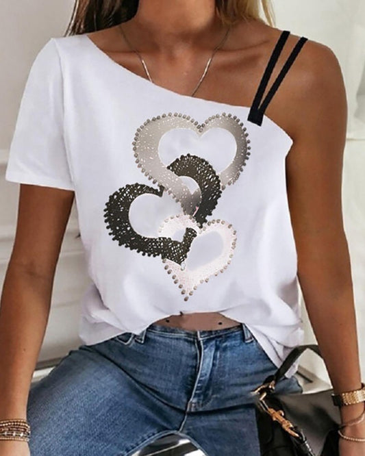 Heart Print Asymmetrical Neck T shirt