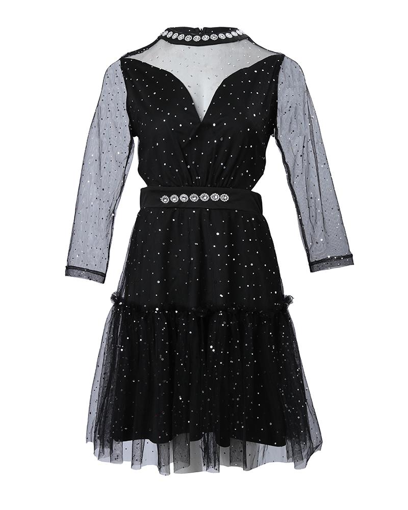 Contrast Mesh Frill Hem Polka Dot Pattern Party Dress