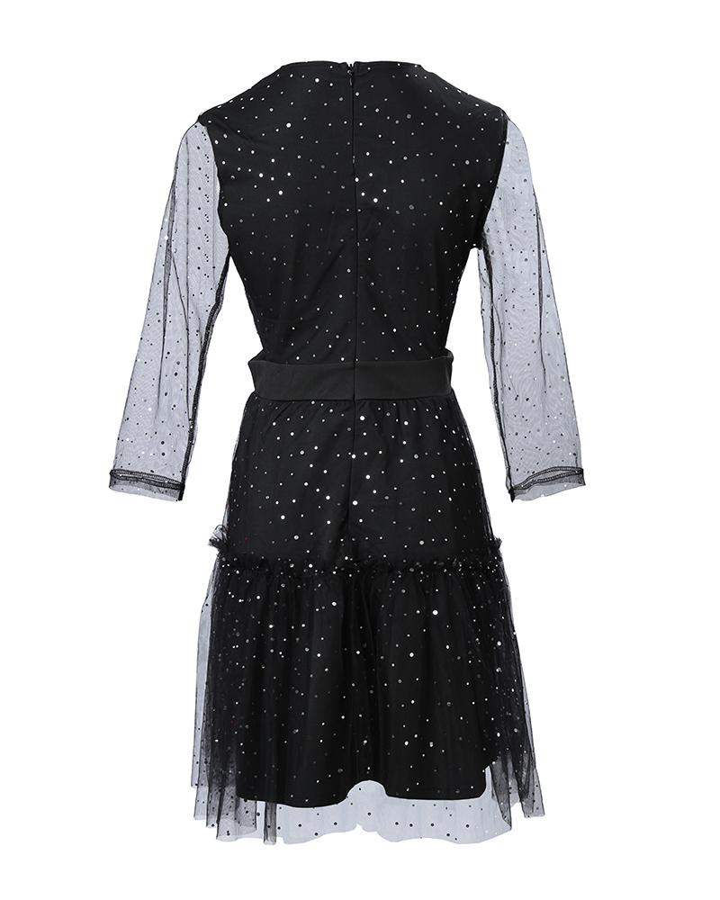 Contrast Mesh Frill Hem Polka Dot Pattern Party Dress