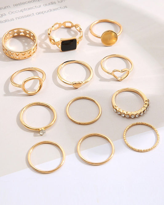 12pcs Stackable Hollow Geometric Heart Rhinestone Rings Set