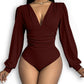 Deep V Neck Ruched Ribbed Bodysuit