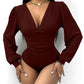 Deep V Neck Ruched Ribbed Bodysuit