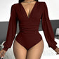 Deep V Neck Ruched Ribbed Bodysuit
