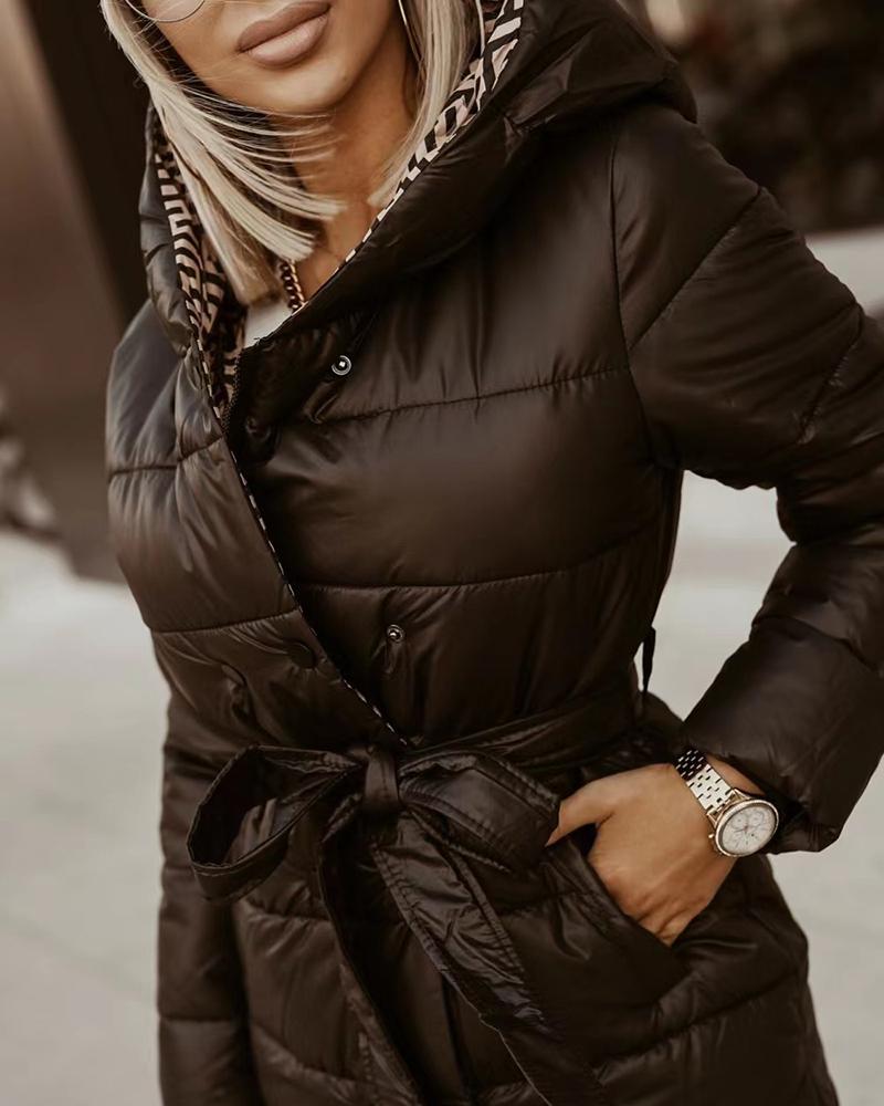 Long Sleeve Buttoned Puffer Coat With Belt