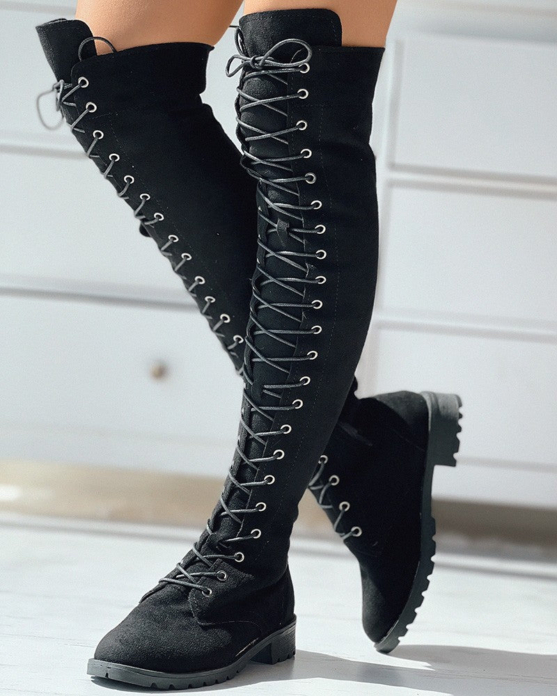 Eyelet Lace up Over The Knee Boots