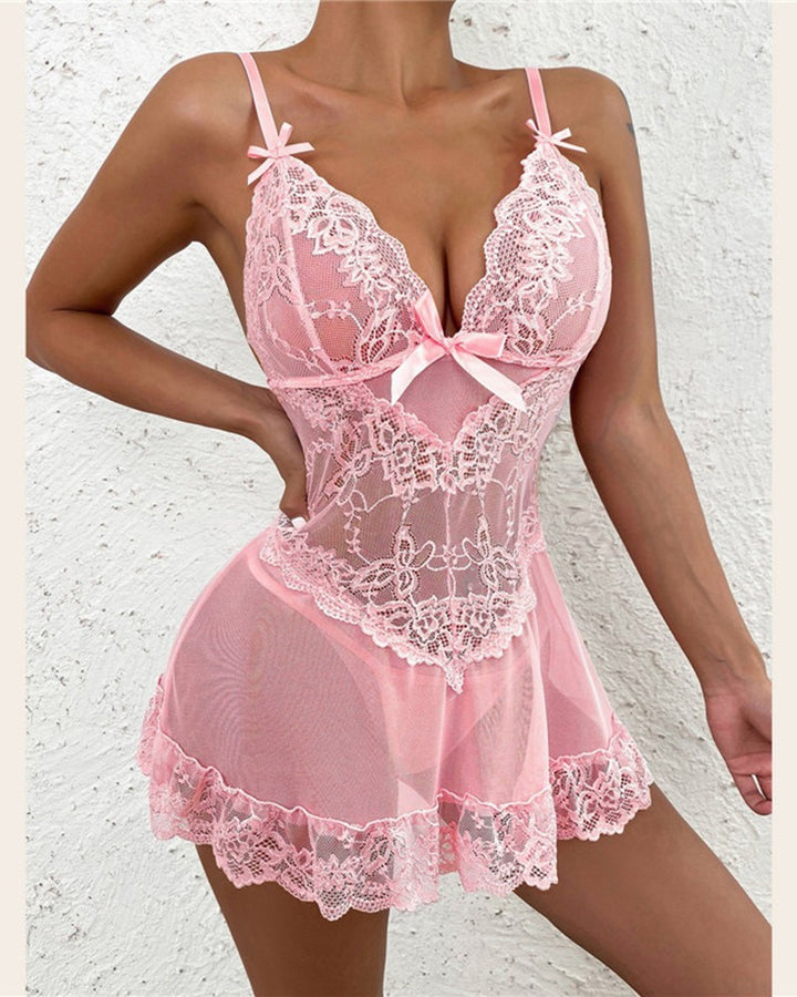 Crochet Lace Bowknot Decor Babydoll With Panty