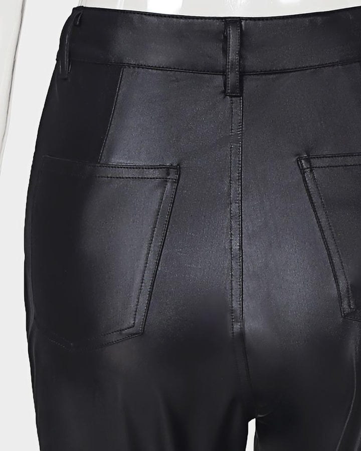 PU Leather High Waist Single Button Pants