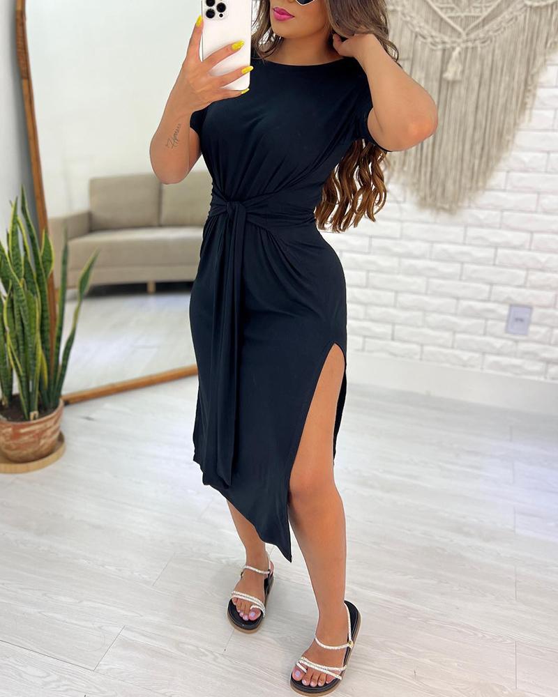 Knotted Side Slit Casual Dress