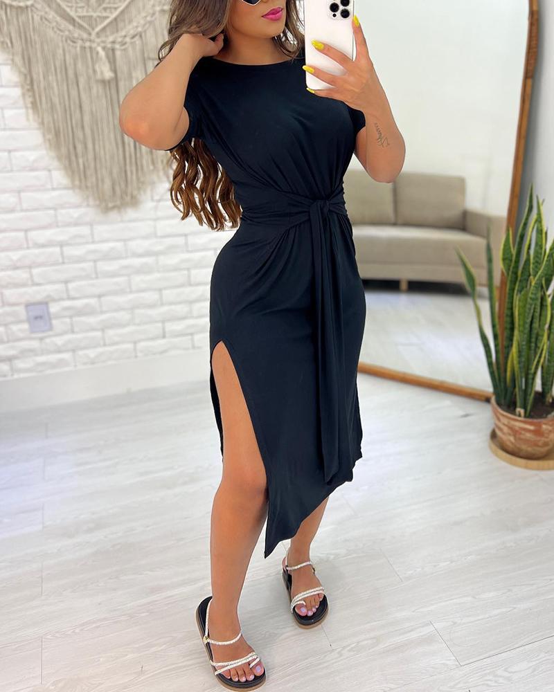Knotted Side Slit Casual Dress