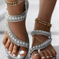 Rhinestone Beaded Toe Ring Summer Wedge Sandals