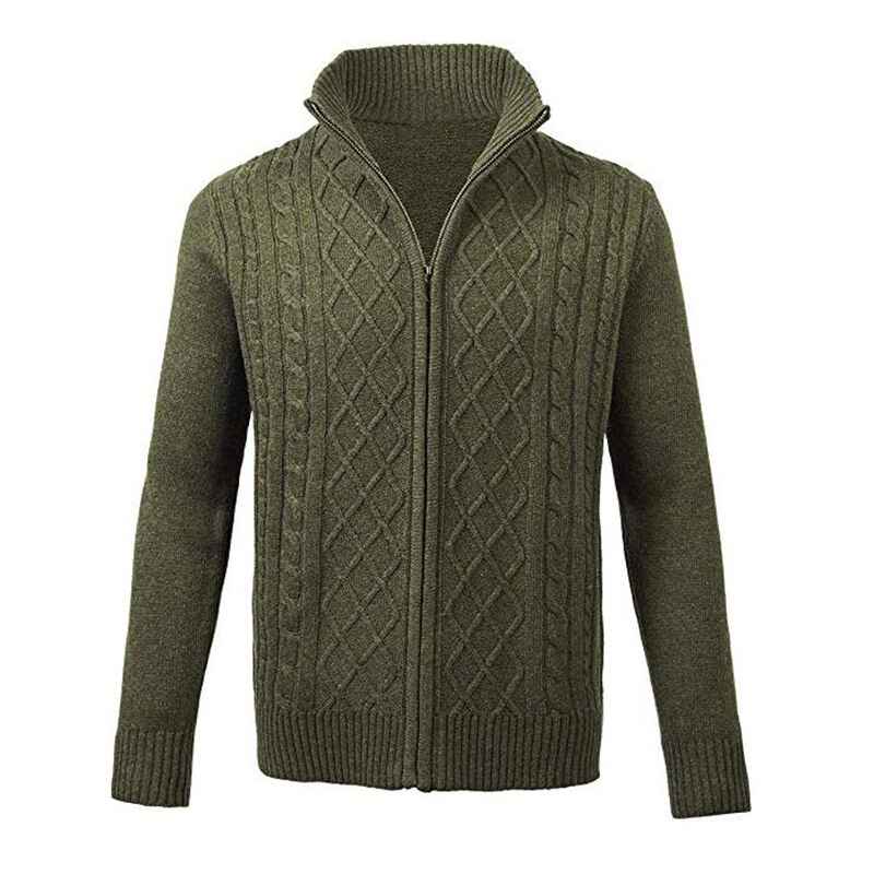 army-green-Mens-Casual-Stand-Collar-Cable-Knitted-Zip-Cardigan-Sweater-Jacket