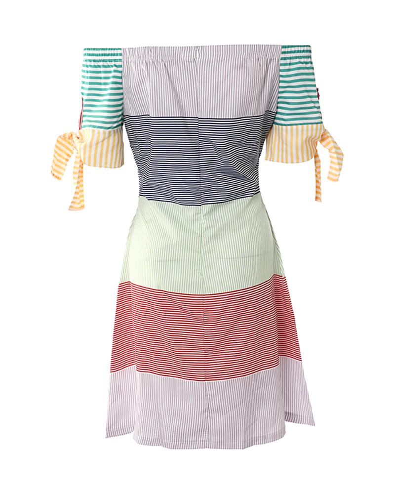 Striped Print Colorblock Off Shoulder Casual Dress