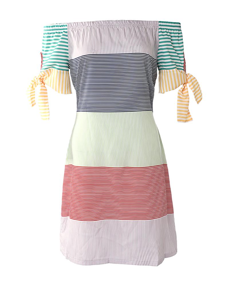Striped Print Colorblock Off Shoulder Casual Dress