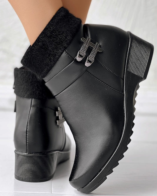 Fuzzy Detail Lined Wedge Ankle Boots