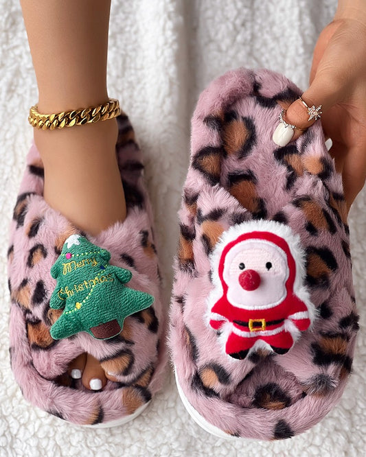 Christmas Cartoon Leopard Cross Strap Fuzzy Winter Slippers