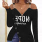 Letter Print Zip Detail Cold Shoulder Top