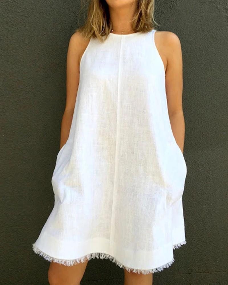 Sleeveless Pocket Design Raw Hem Casual Dress