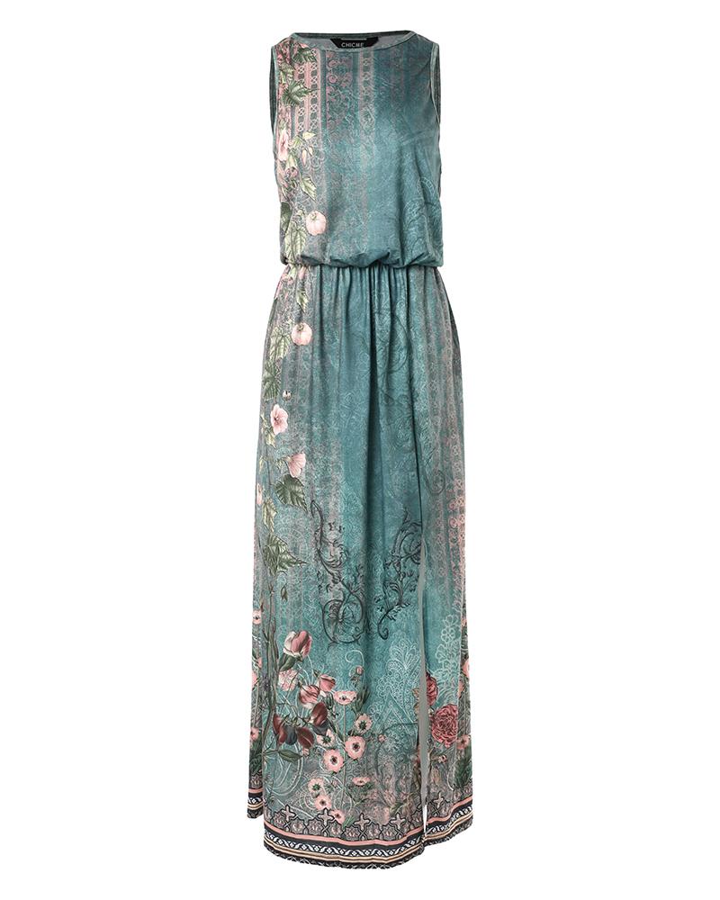 Floral Tribal Print Sleeveless Slit Casual Dress