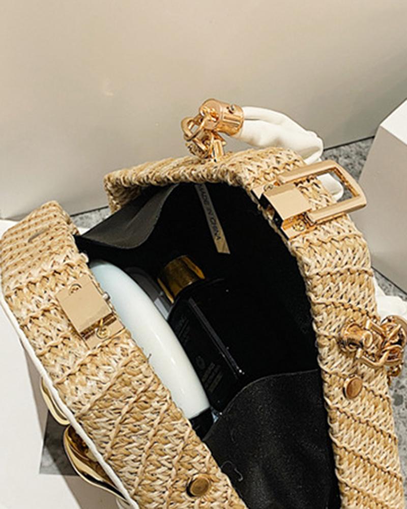 Trendy Chain Decor Top Handle Straw Geometrical Crossbody Bag