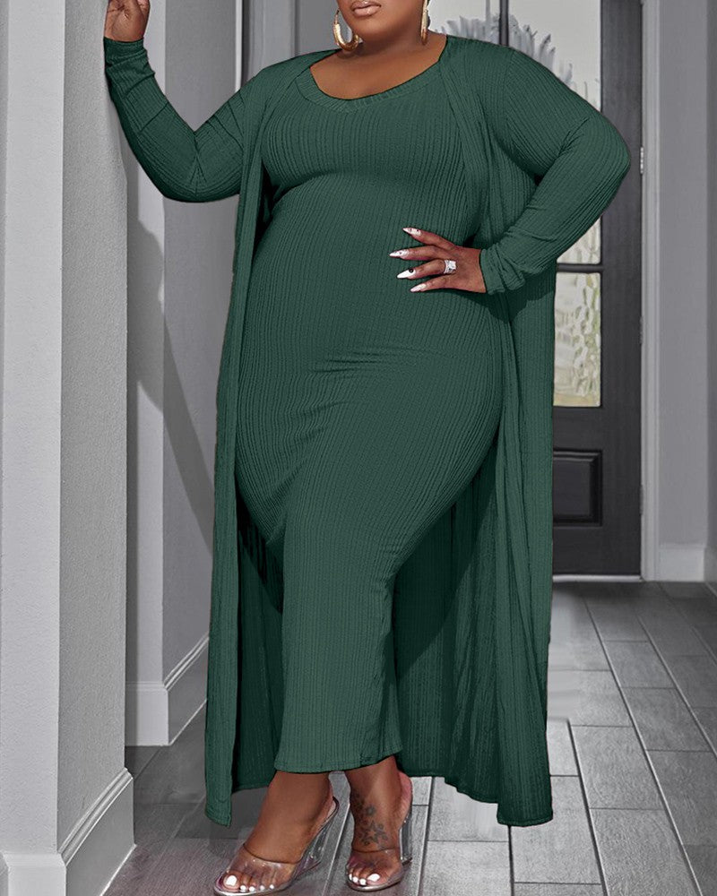 Plus Size Sleeveless Maxi Dress & Open Front Longline Cardigan Set
