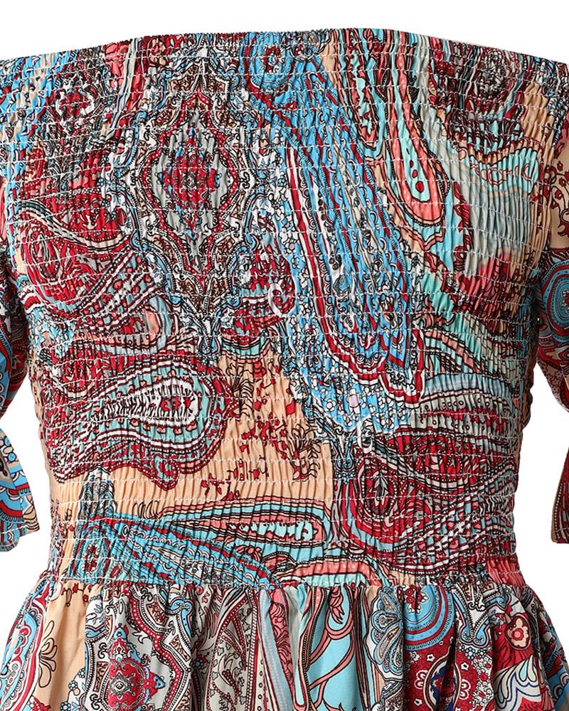 Puff Sleeve Off Shoulder Paisley Print Swing Dress