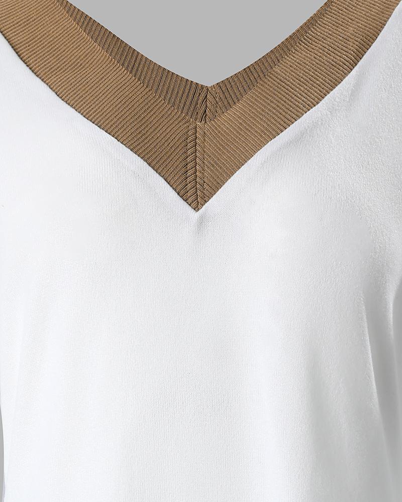 Contrast Paneled V Neck Long Sleeve Dress