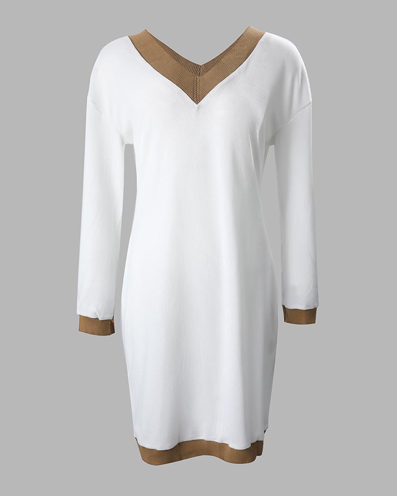Contrast Paneled V Neck Long Sleeve Dress