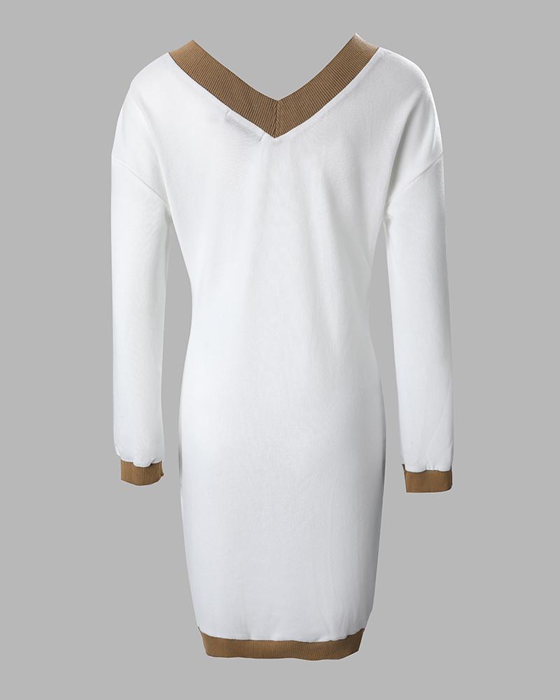Contrast Paneled V Neck Long Sleeve Dress