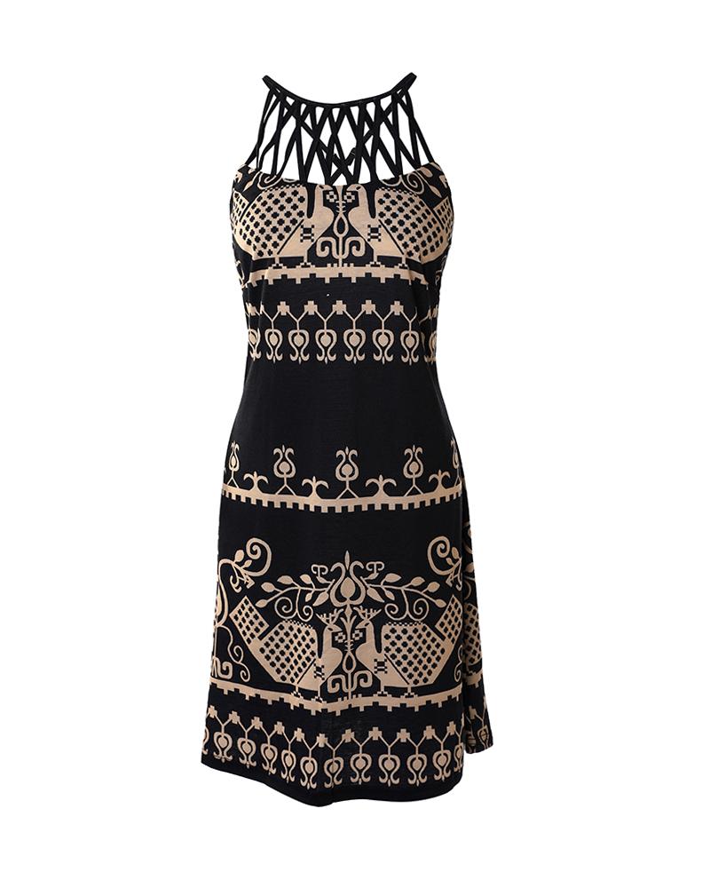 Vintage Tribal Print Hollow Out Sleeveless Casual Dress